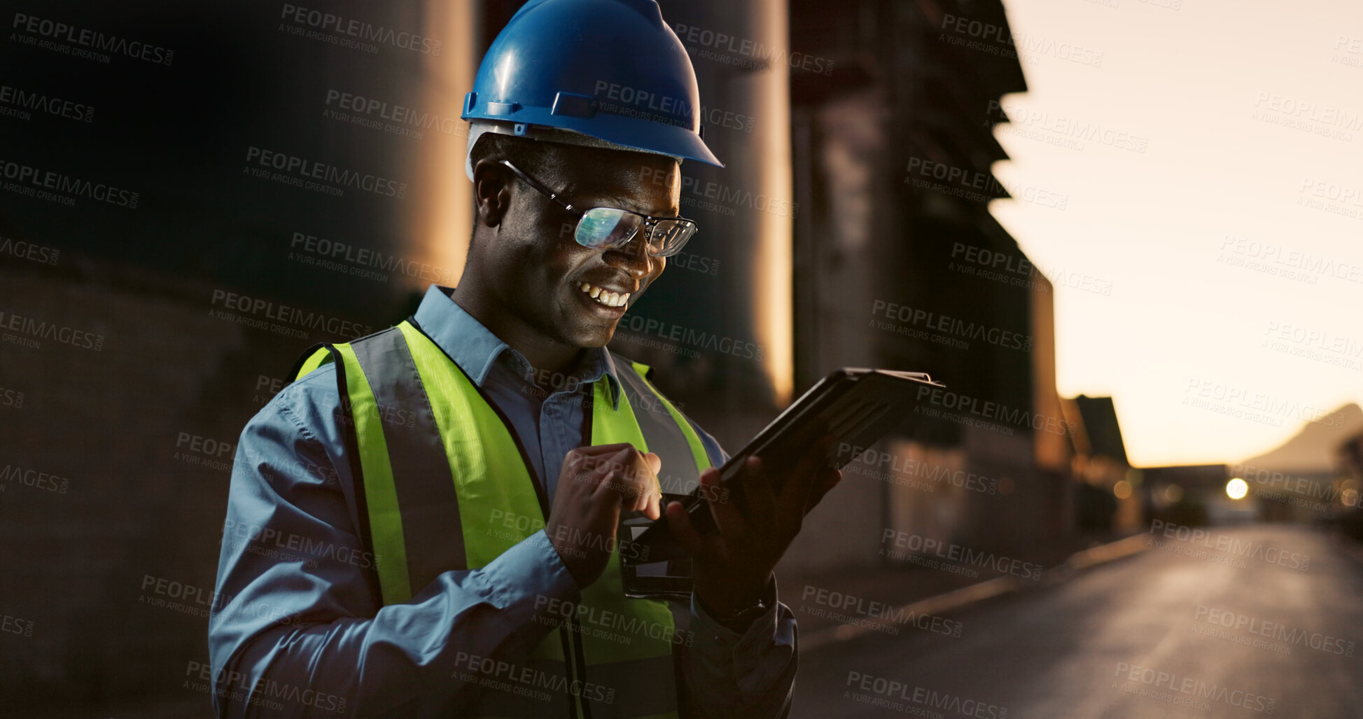 Buy stock photo Construction, night and black man on tablet in city for planning, building and maintenance. Civil engineering, architecture and person on digital tech for project, infrastructure and manufacturing