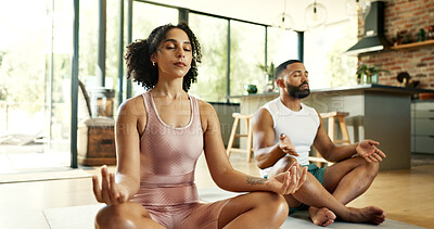 Buy stock photo Calm, home and couple with meditation on floor for mental health, balance or mindfulness on weekend. Zen, man and woman with spiritual healing exercise for chakra, awareness or connection in marriage