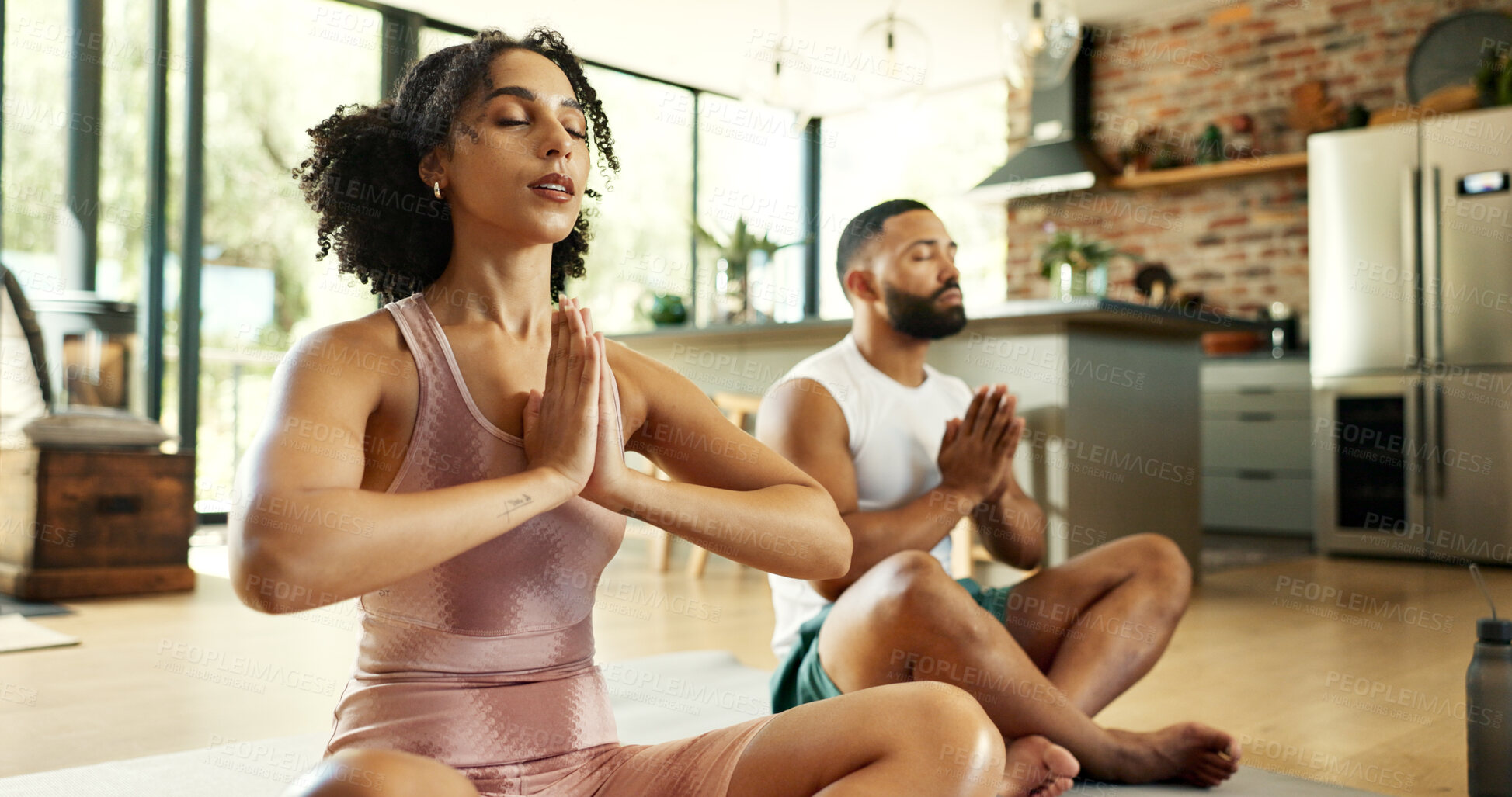 Buy stock photo Couple, home and serious with meditation for peace, calm and health for mindfulness. Relationship, people and support with yoga as activity or hobby for wellness, wellbeing and self care to relax