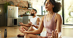 Couple, home and people with meditation for peace, calm and health for mindfulness. Relationship, zen and support with yoga as activity or hobby for wellness, wellbeing and self care to relax