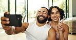 Couple, home and happy with selfie for exercise as fitness influencer or content creator for social media. Relationship, people and fun or smile for health, wellness and self care with support