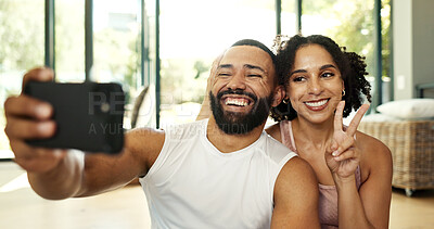 Buy stock photo Couple, home and happy with selfie for exercise as fitness influencer or content creator for social media. Relationship, people and fun or smile for health, wellness and self care with support