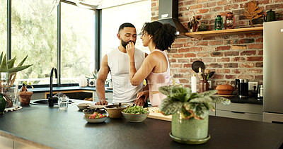 Buy stock photo Happy couple, wellness and tasting in apartment for nutrition, together with fruit for healthy diet. Man, woman and breakfast with snack in house for morning date, excited for cooking in kitchen