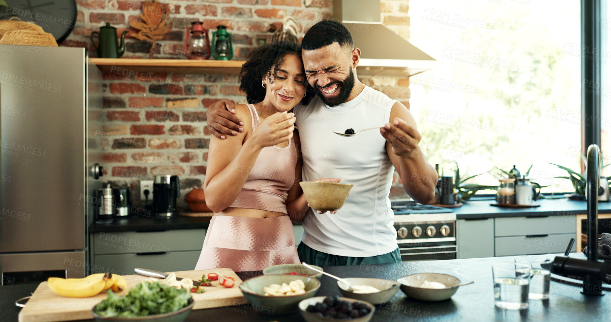 Buy stock photo Happy couple, wellness and cooking in kitchen for nutrition, together with hug for healthy diet. Man, woman and preparing breakfast with fruit in house for morning date, food for hunger in apartment