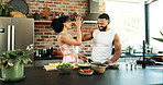 Happy, couple and cooking in kitchen with high five for breakfast, nutrition and success in healthy diet. Vegan, man and woman with celebration at home for meal prep, motivation and support with food