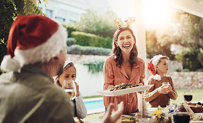 Buy stock photo Christmas lunch, family and happy with food, event and social gathering with smile. Home, people and children with meal, Xmas and festive season with break, funny and humor with joke and laughing