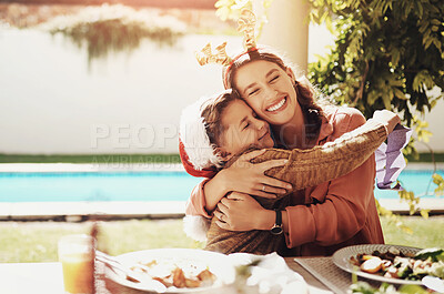 Buy stock photo Mother, girl and hug for Christmas, bonding and lunch outdoor with food, sunshine and juice in backyard. Mom, daughter and happy for holiday, celebration and brunch with support, family and embrace