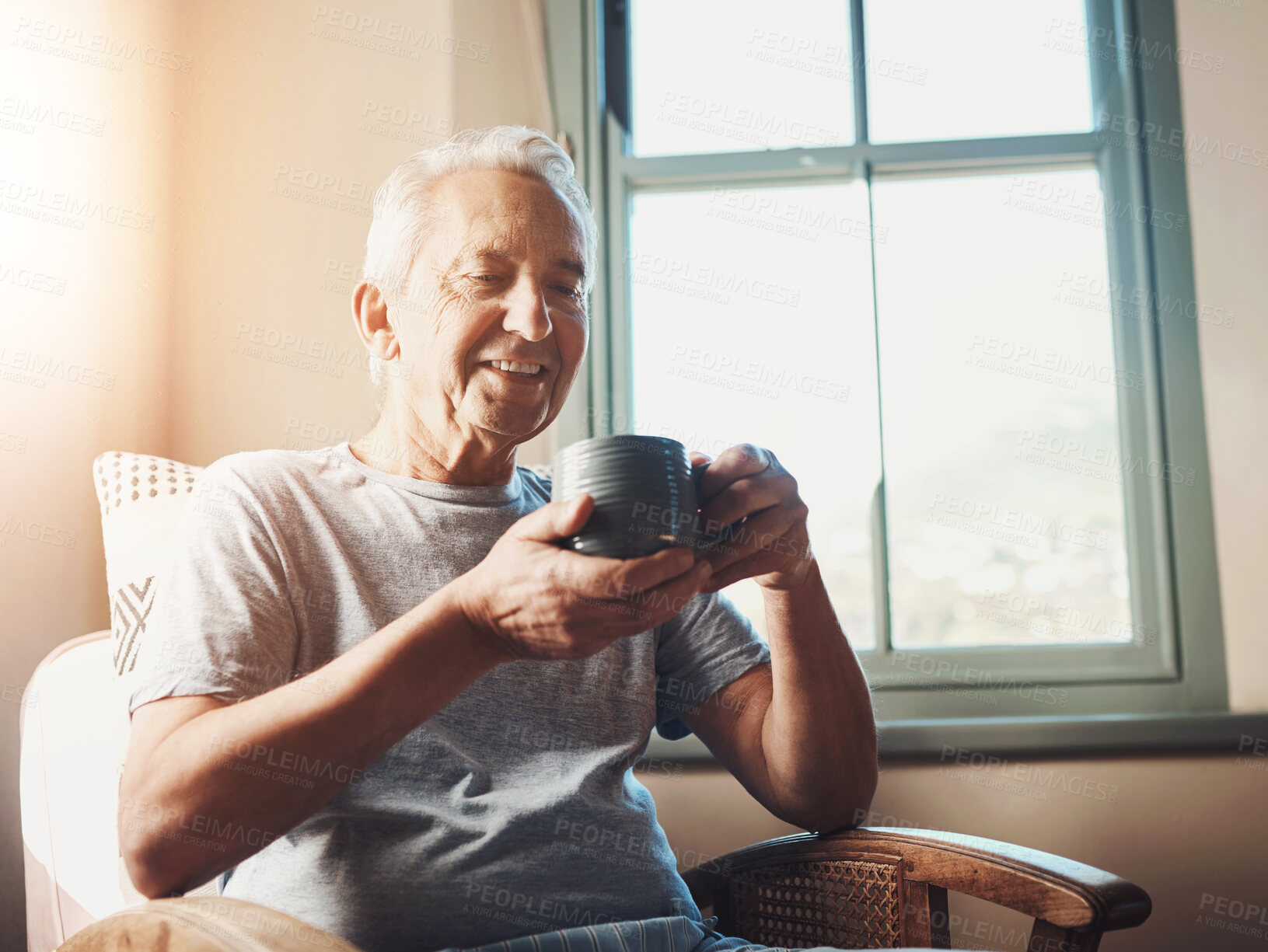 Buy stock photo Happy, senior and man with coffee in morning for peaceful start to day, thinking and comfortable with enjoyment. Elderly person, warm beverage and smile in house for tranquil moment and wellness.