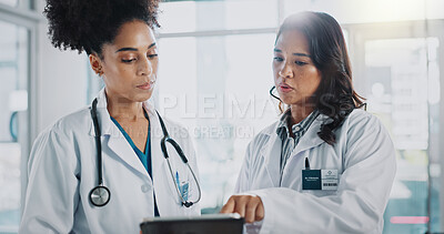 Buy stock photo Women, doctors and explain on tablet in hospital for patient information, appointment and schedule. Database, medical and healthcare practitioner with technology for telehealth, service and medicine