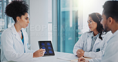 Buy stock photo Healthcare, surgeon on tablet and doctor with group in discussion, report and talking about test results in clinic. Neurologist, hospital and medical worker, consultation for brain and MRI scan