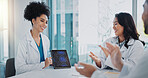 Healthcare, surgeon on tablet and doctor with group in discussion, report and talking about test results in clinic. Neurologist, medical worker and hospital, consultation for brain and MRI scan