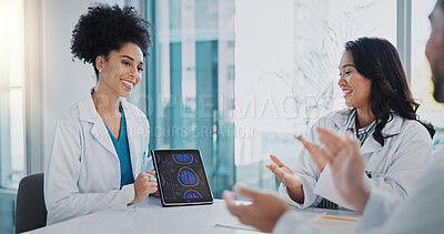 Buy stock photo Healthcare, surgeon on tablet and doctor with group in discussion, report and talking about test results in clinic. Neurologist, medical worker and hospital, consultation for brain and MRI scan