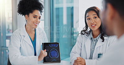 Buy stock photo Doctors, tablet and brain scan for team discussion with results, report and review with questions at clinic. Group, women and man with digital touchscreen, feedback and collaboration for neurology