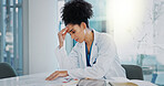 Headache, doctor or woman with stress or documents in hospital clinic overwhelmed by emergency. Depression, sick or tired healthcare worker in office frustrated by migraine pain, paperwork or burnout