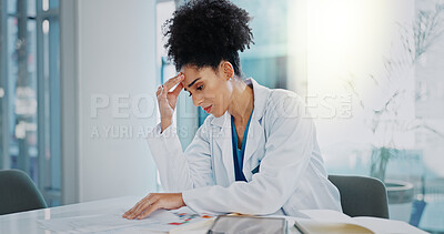 Buy stock photo Headache, doctor or woman with stress or documents in hospital clinic overwhelmed by emergency. Depression, sick or tired healthcare worker in office frustrated by migraine pain, paperwork or burnout