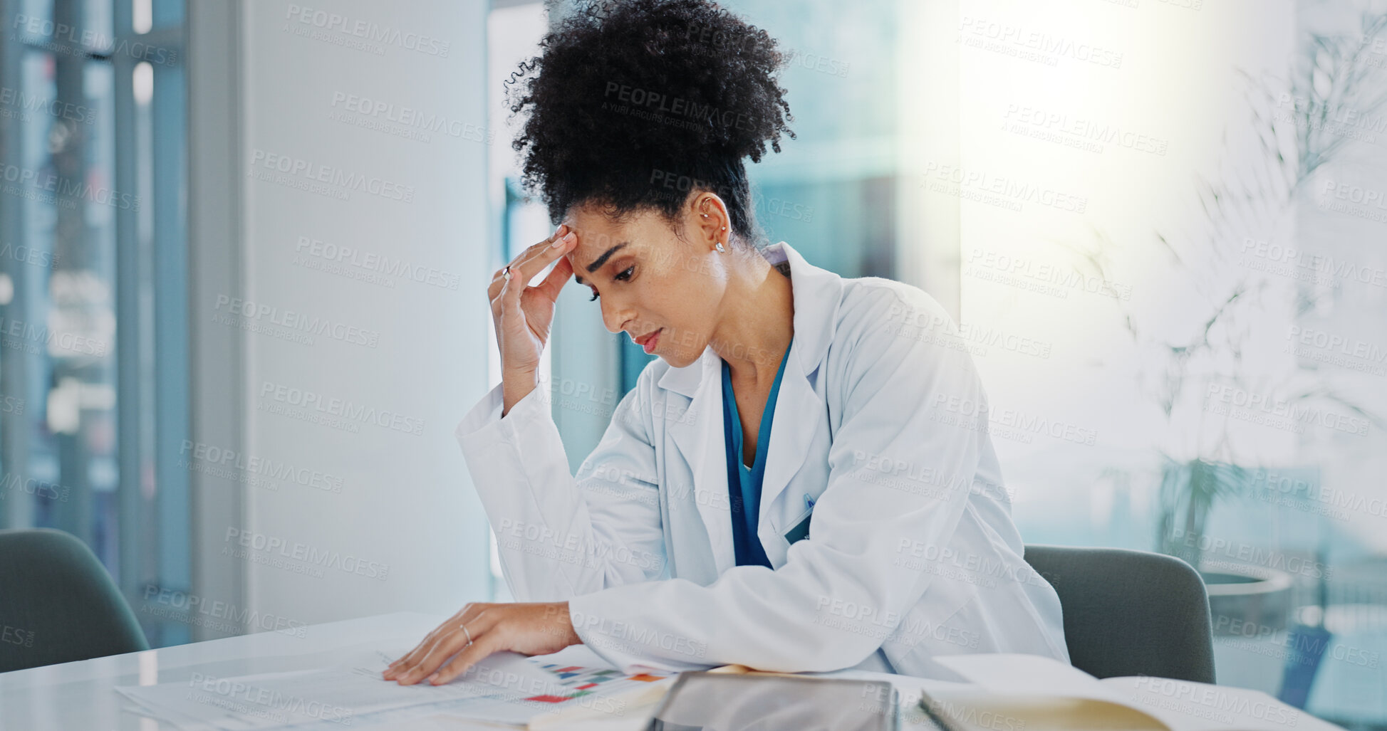 Buy stock photo Headache, doctor or woman with stress or documents in hospital clinic overwhelmed by emergency. Depression, sick or tired healthcare worker in office frustrated by migraine pain, paperwork or burnout