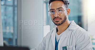 Buy stock photo Serious, man and doctor on tablet in office for Telehealth solution, online consultation and patient results from lab. Pensive, male scientist and digital research, review and reading medical report