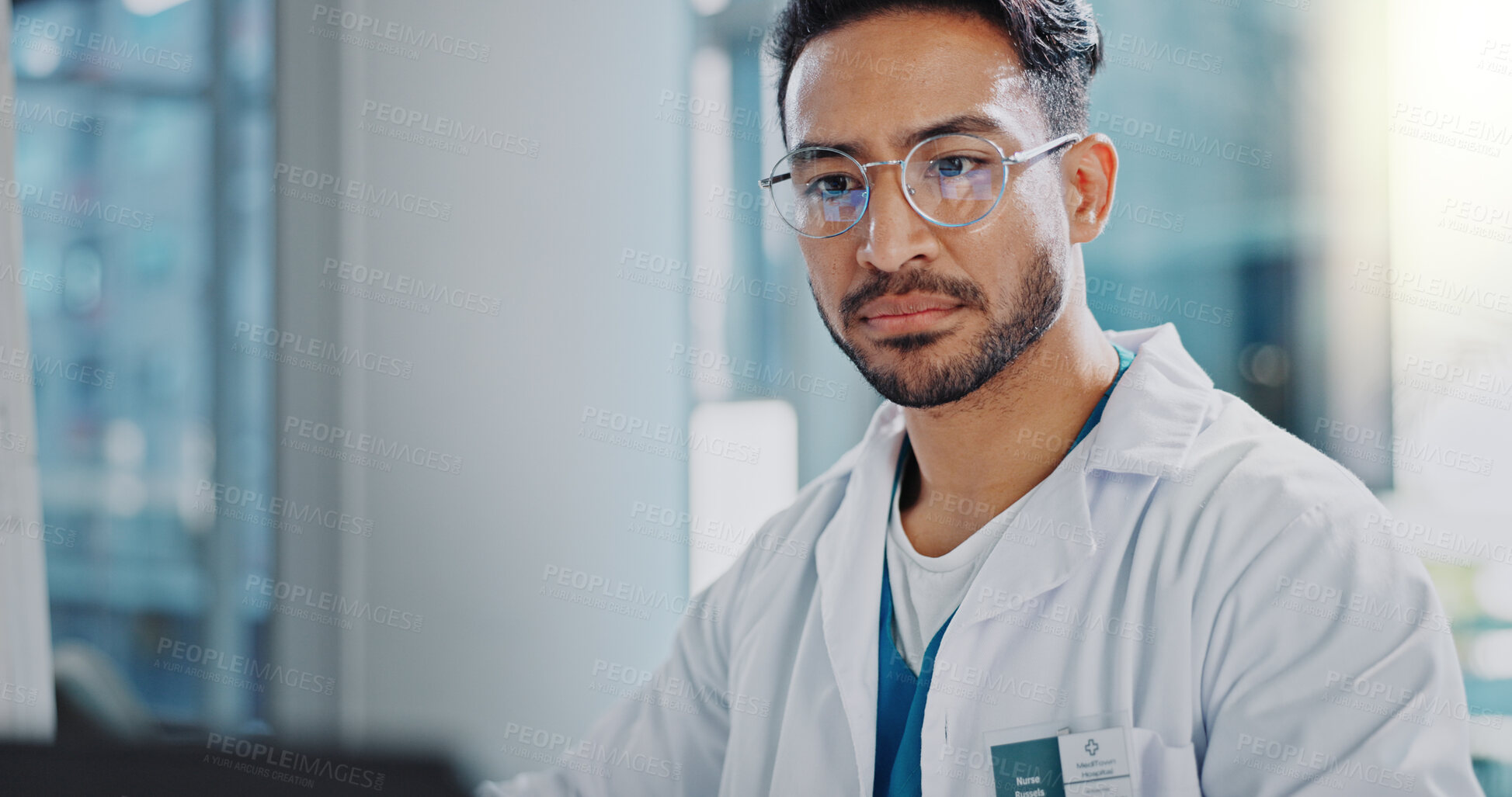 Buy stock photo Serious, man and doctor on tablet in office for Telehealth solution, online consultation and patient results from lab. Pensive, male scientist and digital research, review and reading medical report