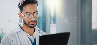 Buy stock photo Doctor, asian man and tablet with online consultation, reading and tech in hospital with web results. Healthcare, wellness and digital clinic consultant with working and research for medical support