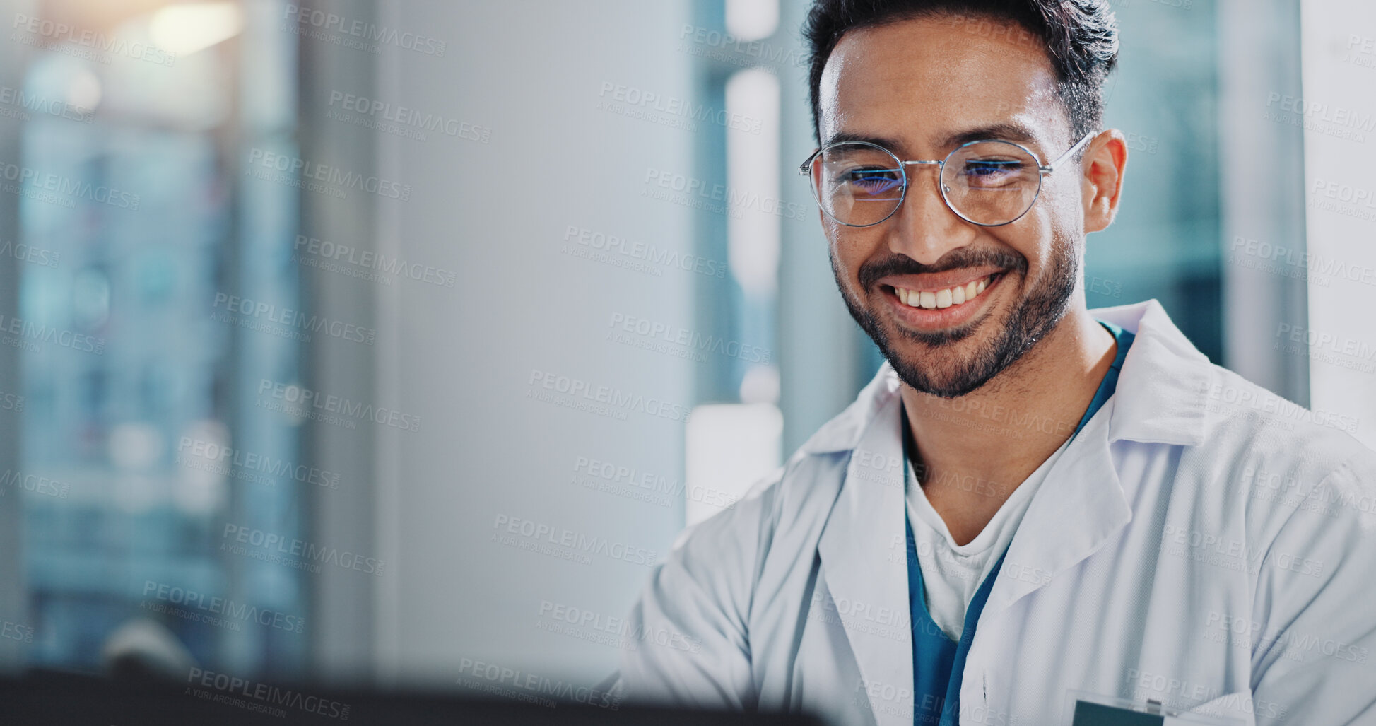 Buy stock photo Office, doctor and man with glasses, smile and vision for reading, telehealth and online with laptop in hospital. Uniform, person and medical professional in clinic and eyewear for results of surgery