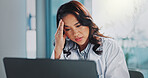 Headache, doctor or woman on laptop with stress in hospital clinic overwhelmed by emergency. Depression, sick and tired healthcare worker in office frustrated by migraine pain, anxiety or burnout