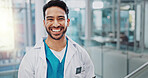 Healthcare, portrait and happy man doctor at hospital for medical, consulting and health, advice or treatment. Smile, face and friendly male surgeon at clinic with career pride, service or confidence