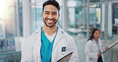 Buy stock photo Asian scientist, man and tablet with portrait, smile or research in laboratory for medical innovation. Person, happy and digital touchscreen in clinical study, review and pharma company in Indonesia