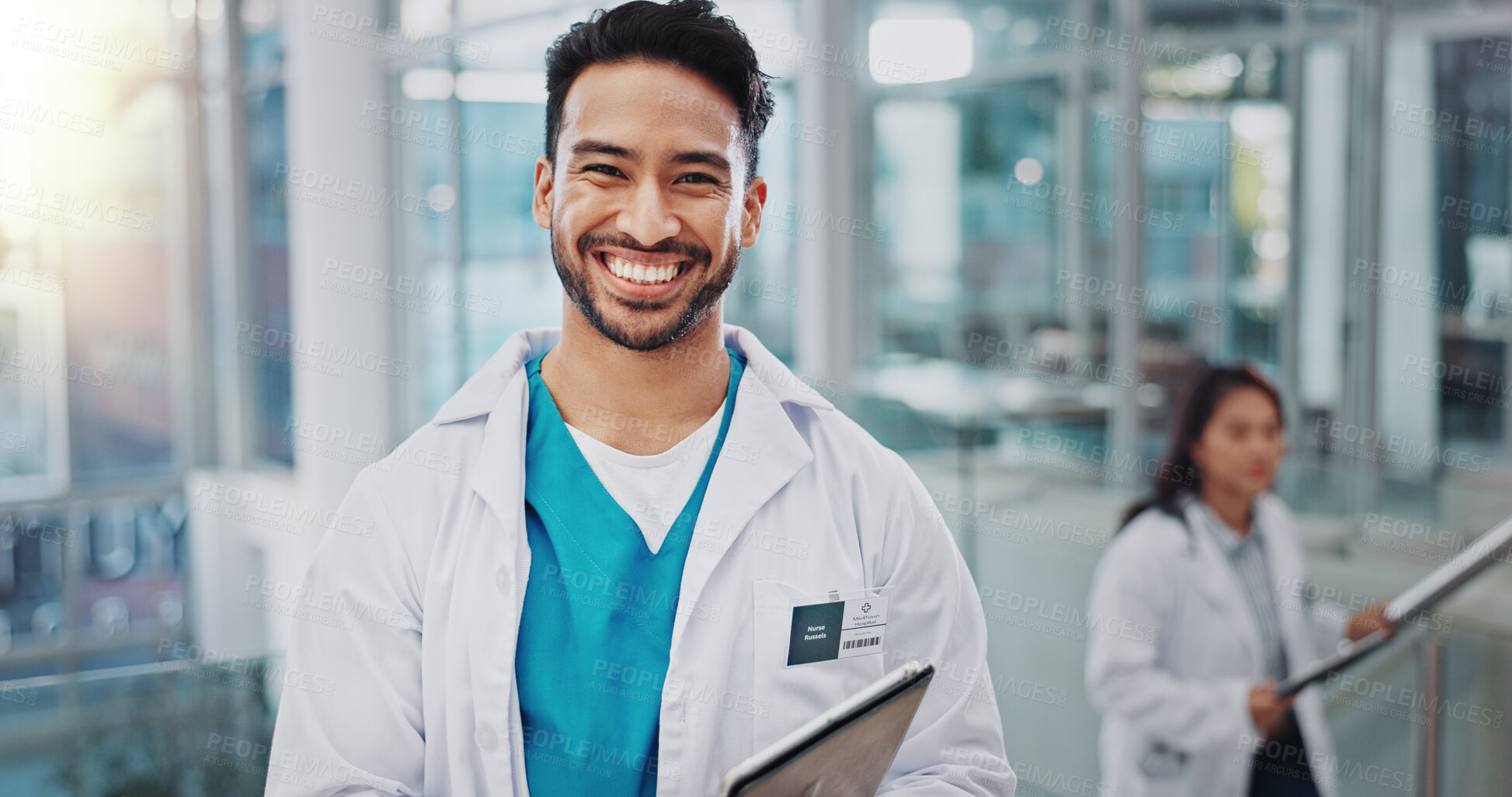 Buy stock photo Asian scientist, man and tablet with portrait, smile or research in laboratory for medical innovation. Person, happy and digital touchscreen in clinical study, review and pharma company in Indonesia