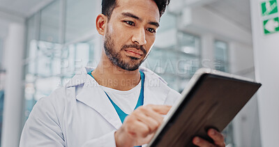 Buy stock photo Tablet, man and doctor in hospital with healthcare, wellness and medical research with surgery planning. Digital, web and online consultation with professional working on technology with telehealth