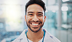 Asian man, scientist and smile in portrait at lab for research or study to experiment for future. Science, medical and confident with career, job growth and opportunity for project on healthcare