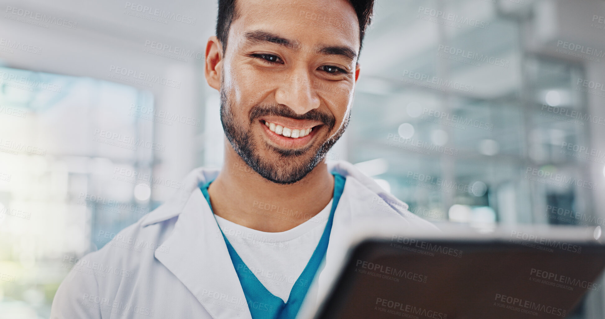 Buy stock photo Doctor, man and tablet with digital consultation, internet and tech in hospital with web results. Healthcare, wellness and online clinic consultant with working and research for medical support