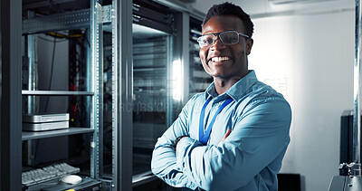 Buy stock photo Man, portrait and engineer with crossed arms in server room, firmwear update and programmer or cyber security. Developer, confident and IT support or upgrade network or gdpr, database and data centre