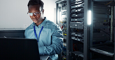 Buy stock photo Man, laptop and engineer working in server room, firmwear update and programmer for cyber security. Developer, confident and IT support or upgrade network for gdpr, database and data centre with tech