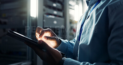 Buy stock photo Engineer, hands and person with tablet in server room, cyber security and firmwear update for gdpr with online programming. Developer, maintenance email and IT support, database and network info