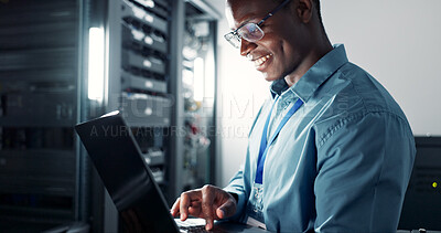 Buy stock photo Laptop, server room and black man on database network for maintenance, programming software or typing. Tech, data center and happy engineer on system for information, cybersecurity or cloud computing