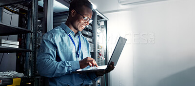 Buy stock photo Laptop, server room and black man on network for maintenance, programming software or typing. Tech, data center and happy engineer on system database for information, cybersecurity or cloud computing