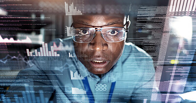 Buy stock photo Data center, man and technician in server room for coding, software or information technology, Overlay, analysis and black person with portrait for cyber security, troubleshooting or system recovery