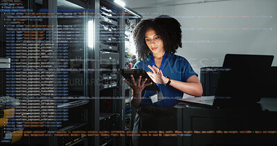 Buy stock photo Server room, woman or digital tablet for coding, system update or cybersecurity. Software management, inspection or IT programmer with overlay for problem solving, data or troubleshooting at night