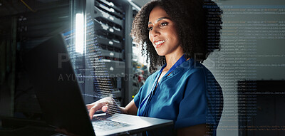 Buy stock photo Woman, laptop and engineer working in server room, firmwear update and programmer for cyber security. Developer, confident and IT support or upgrade network for gdpr, database and data centre overlay