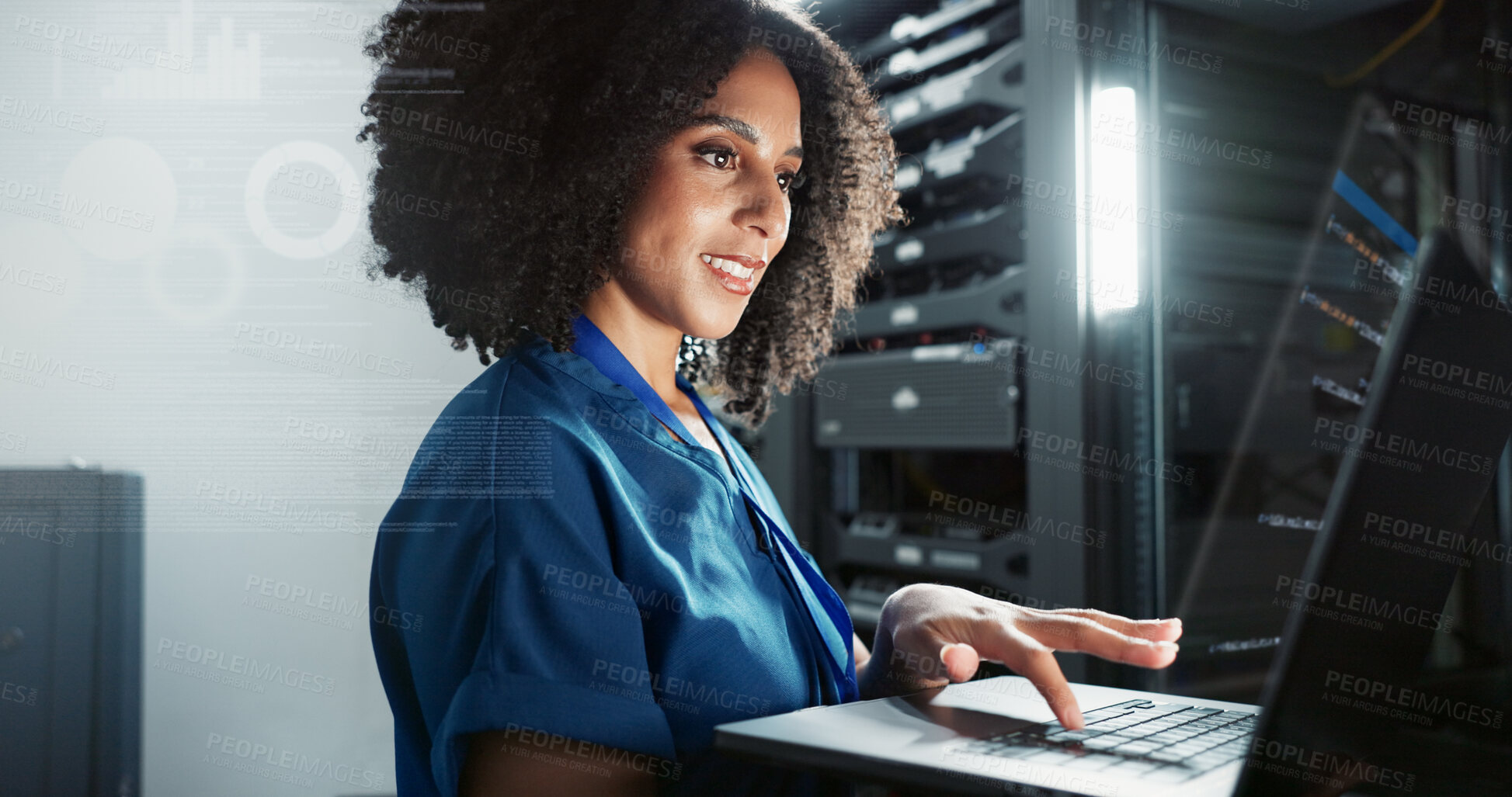 Buy stock photo Laptop, data center and technician programming software, update or system analysis overlay. Technology, server room and woman on database for information, cyber security or code for cloud computing
