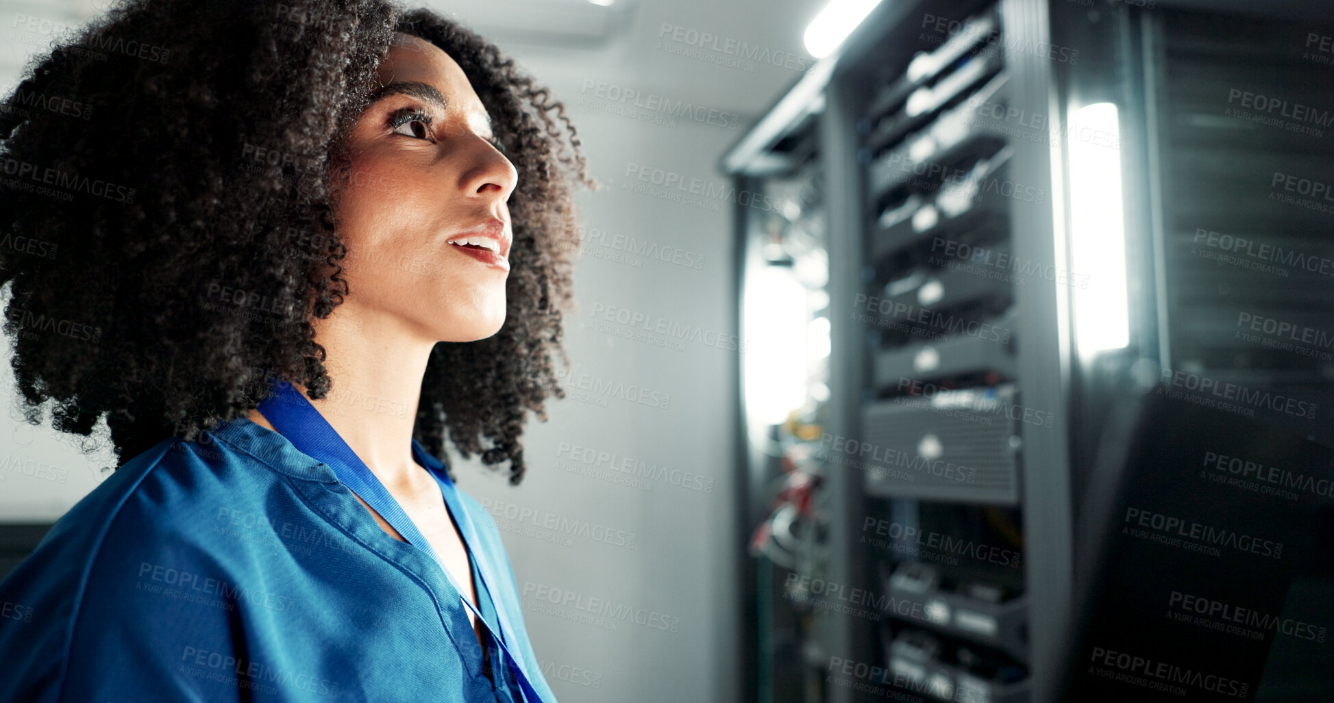 Buy stock photo Laptop, server room and technician with solution for network maintenance, planning or problem solving. Technology, data center and woman on database for thinking, cyber security or cloud computing