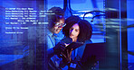 Man, woman and tablet with overlay for technology, maintenance in dark data center or futuristic. Teamwork, digital information and cloud computing with app, network programming or problem solving