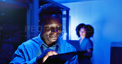 Buy stock photo Man, tablet and server room at night for technology, maintenance in dark data center with neon. Male person, digital information and cloud computing with app, network programming or problem solving