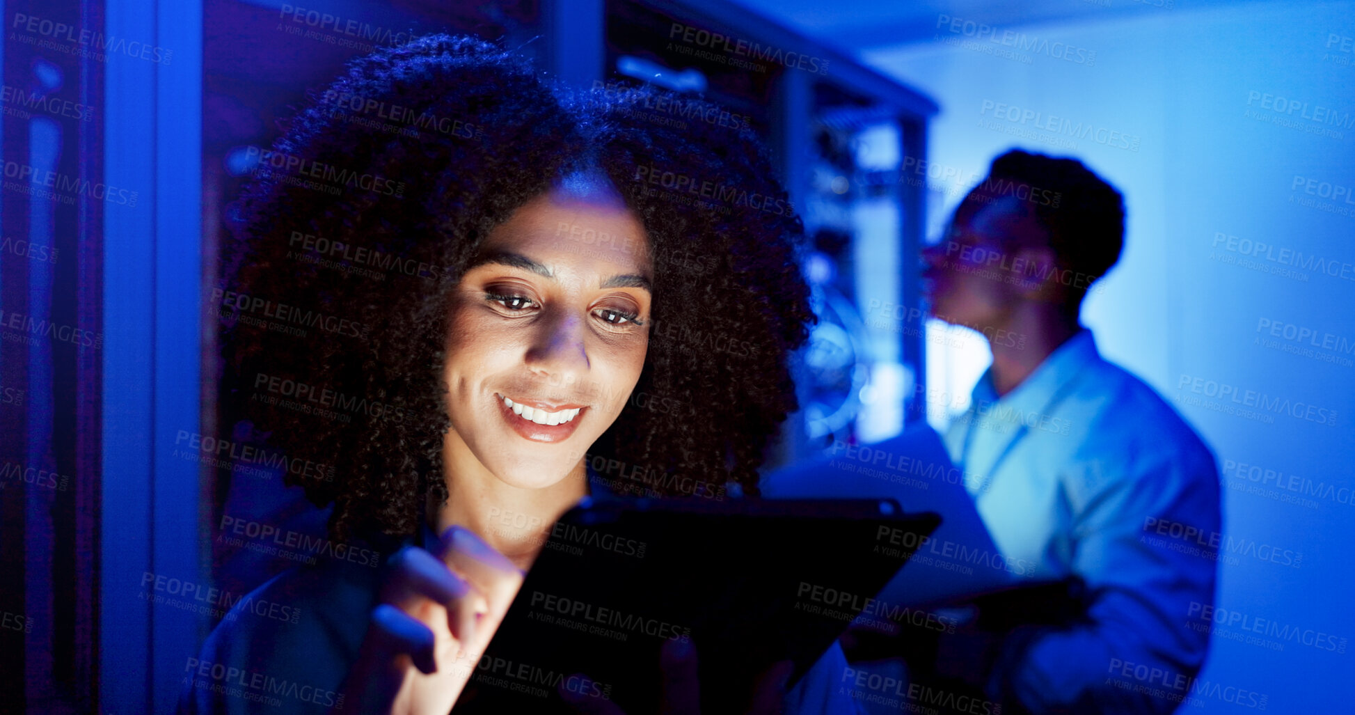 Buy stock photo Woman, tablet or server room at night for technology, maintenance in dark data center with neon. Female person, digital information or cloud computing with app, network programming or problem solving