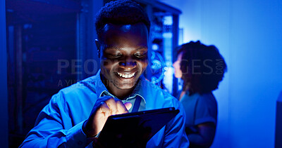 Buy stock photo Man, tablet and server room at night for technology, maintenance in dark data center with neon. Male person, digital information and cloud computing with app, network programming or problem solving