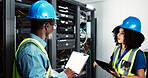 People, maintenance and laptop in server room with data center, technician and firmware installation or update. Network, cybersecurity and programming together, teamwork and online for IT software 