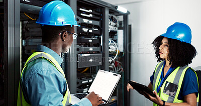 Buy stock photo People, maintenance and laptop in server room with data center, technician and firmware installation or update. Network, cybersecurity and programming together, teamwork and online for IT software 