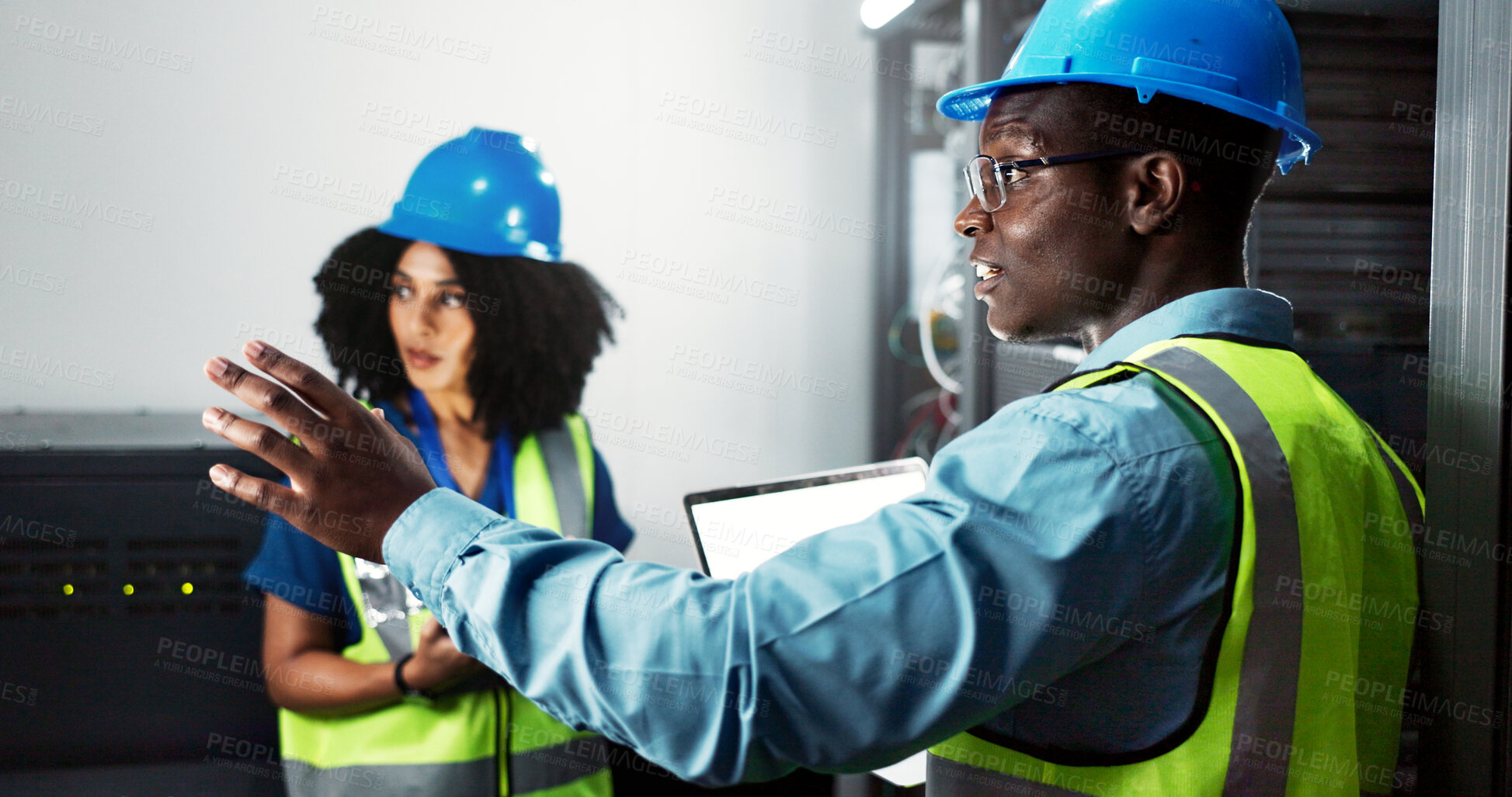 Buy stock photo Team, engineer and hardware maintenance in server room for system inspection, update or network on computer. Data center, people or technician planning cybersecurity upgrade or information technology