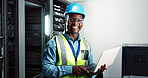 Technician, laptop and portrait in server room with smile, coding and big data in company. Black man, engineer and happy by mainframe for cybersecurity, networking and maintenance with technology