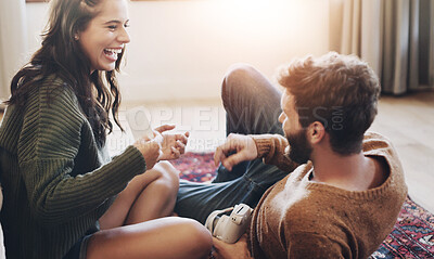 Buy stock photo Happy couple, photography and relax with memory for love, care or fun bonding moment together on floor at home. Excited or young man and woman with smile for camera, picture or relationship at house